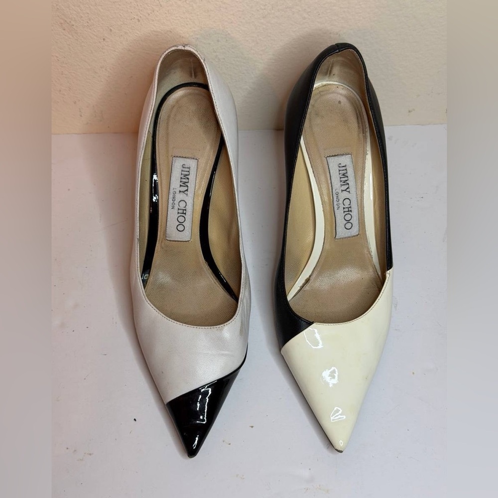 Jimmy Choo Love Pumps in a Black/White Two-tone Leather and Patent finish
